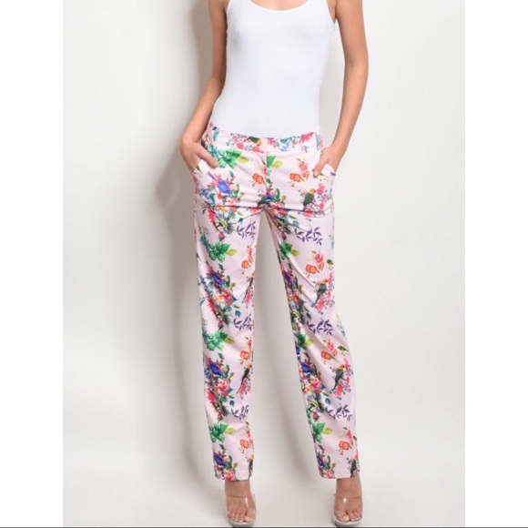 Pink Fitted Waist Floral Print Trousers